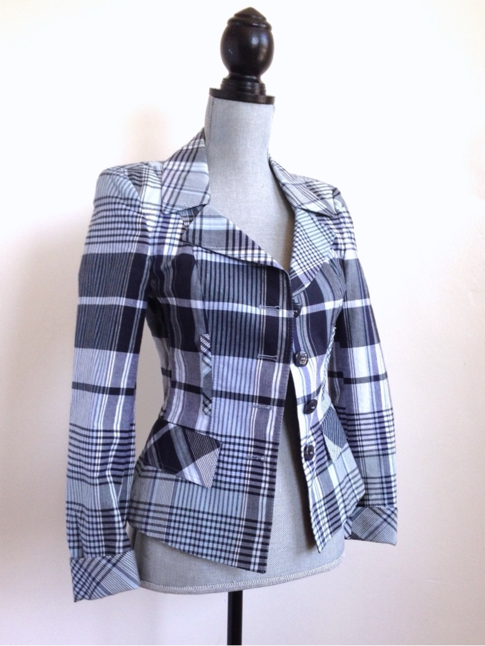 VTG Les Copains Blue Label Plaid Blazer Italian Linen Cotton White 40/4